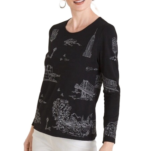 Chico's Embroidered Scenic Long Sleeve Cotton Modal Tee Medium Black - Picture 1 of 14